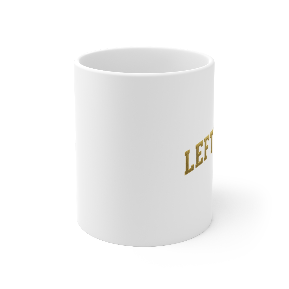 Black long-sleeved top with the word "LEFTOVERS" in gold lettering. The person is wearing red and white patterned pyjama bottoms and holding a white mug filled with marshmallows and a candy cane - alternate angle 1, merchandise