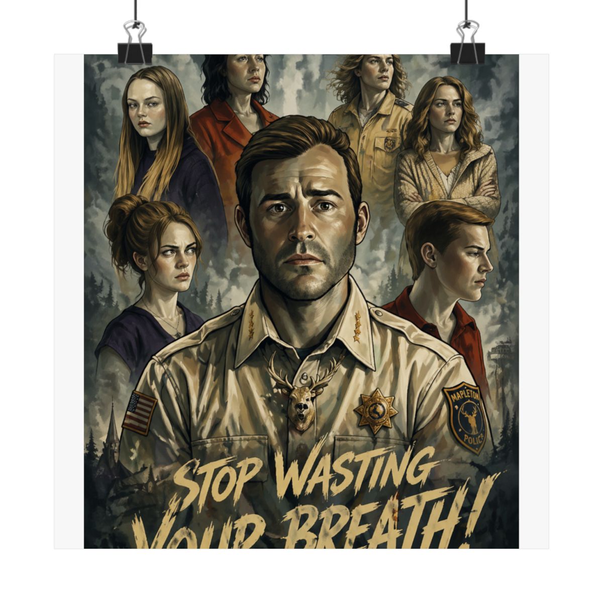 A poster for the HBO television series "The Leftovers" featuring a man in a police uniform with a deer on his chest. The text "STOP WASTING YOUR BREATH!" is at the bottom of the poster - alternate angle 2, merchandise