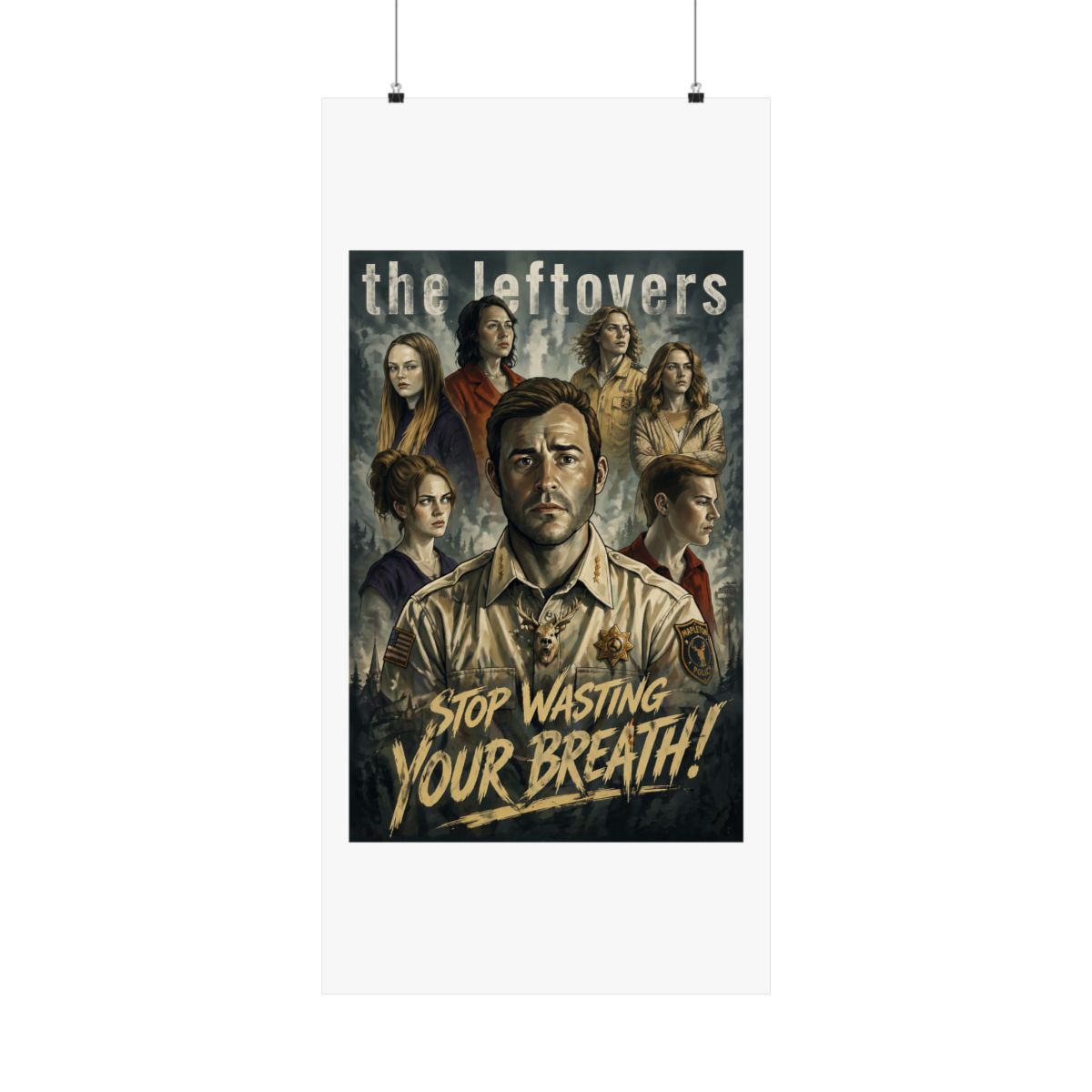 A poster for the HBO television series "The Leftovers" featuring a man in a police uniform with a deer on his chest. The text "STOP WASTING YOUR BREATH!" is at the bottom of the poster - alternate angle 4, merchandise