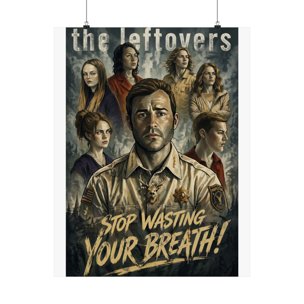 A poster for the HBO television series "The Leftovers" featuring a man in a police uniform with a deer on his chest. The text "STOP WASTING YOUR BREATH!" is at the bottom of the poster - alternate angle 3, merchandise