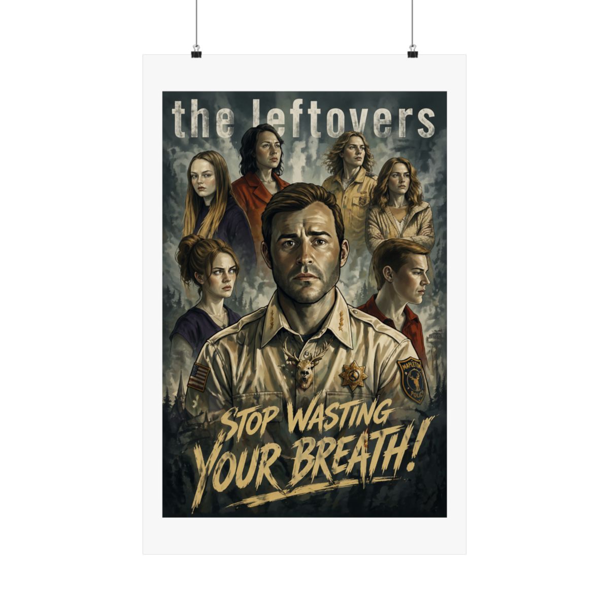 A poster for the HBO television series "The Leftovers" featuring a man in a police uniform with a deer on his chest. The text "STOP WASTING YOUR BREATH!" is at the bottom of the poster - alternate angle 4, merchandise