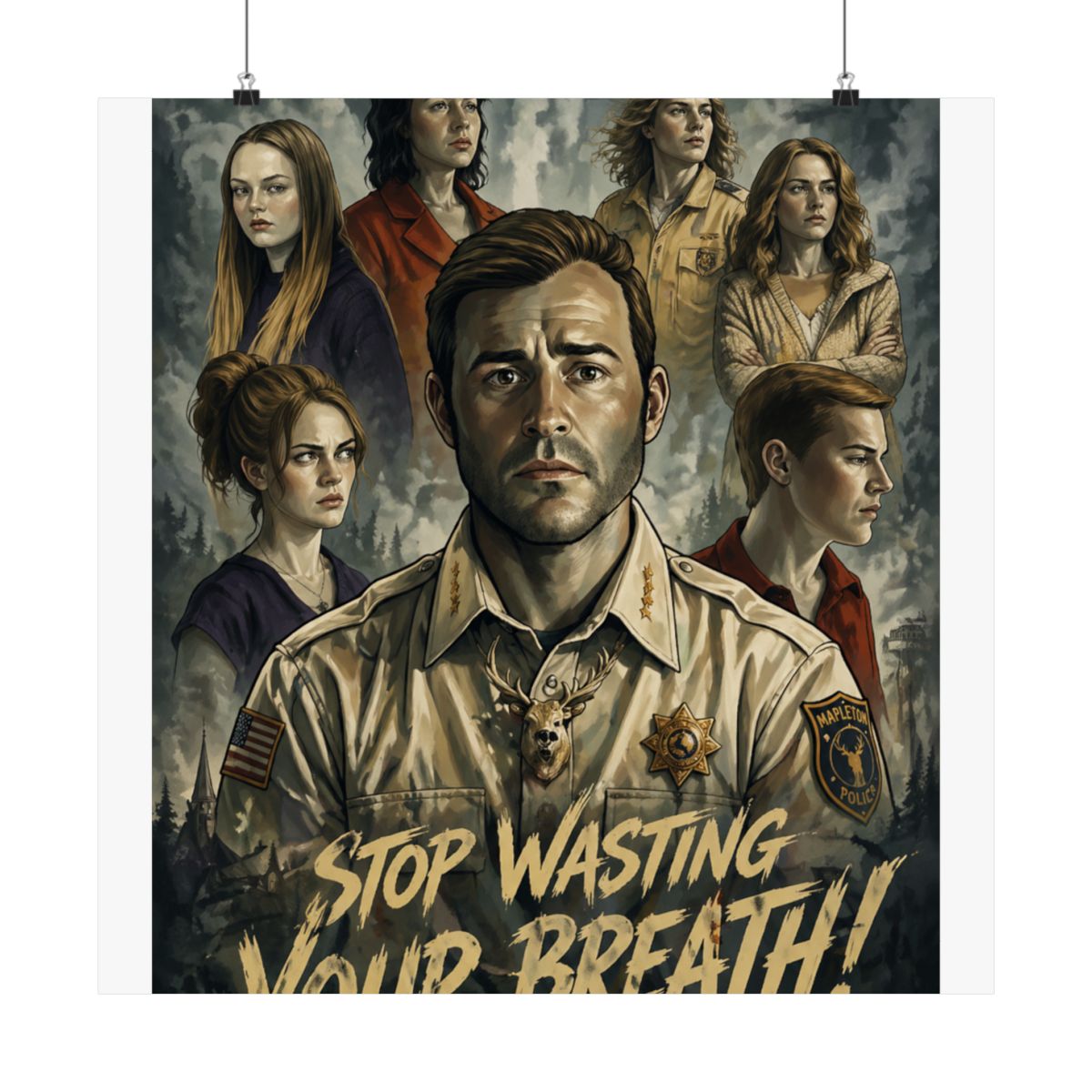 A poster for the HBO television series "The Leftovers" featuring a man in a police uniform with a deer on his chest. The text "STOP WASTING YOUR BREATH!" is at the bottom of the poster - Official Posters & Wall Art merchandise