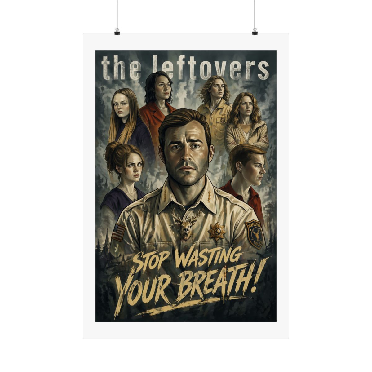 A poster for the HBO television series "The Leftovers" featuring a man in a police uniform with a deer on his chest. The text "STOP WASTING YOUR BREATH!" is at the bottom of the poster - alternate angle 5, merchandise
