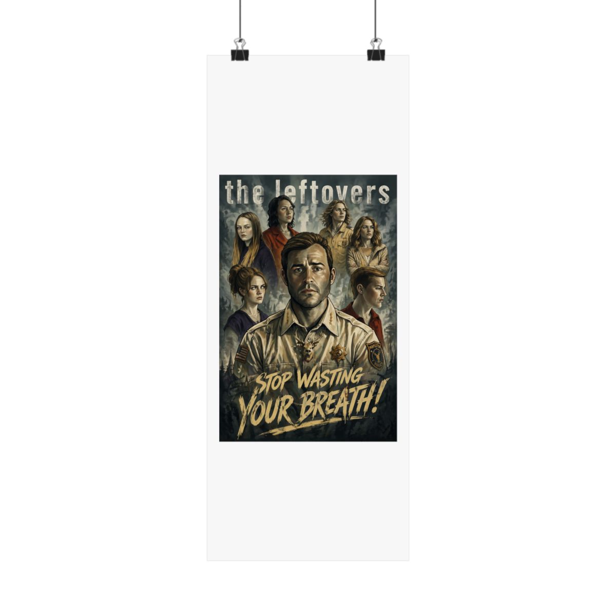 A poster for the HBO television series "The Leftovers" featuring a man in a police uniform with a deer on his chest. The text "STOP WASTING YOUR BREATH!" is at the bottom of the poster - alternate angle 5, merchandise