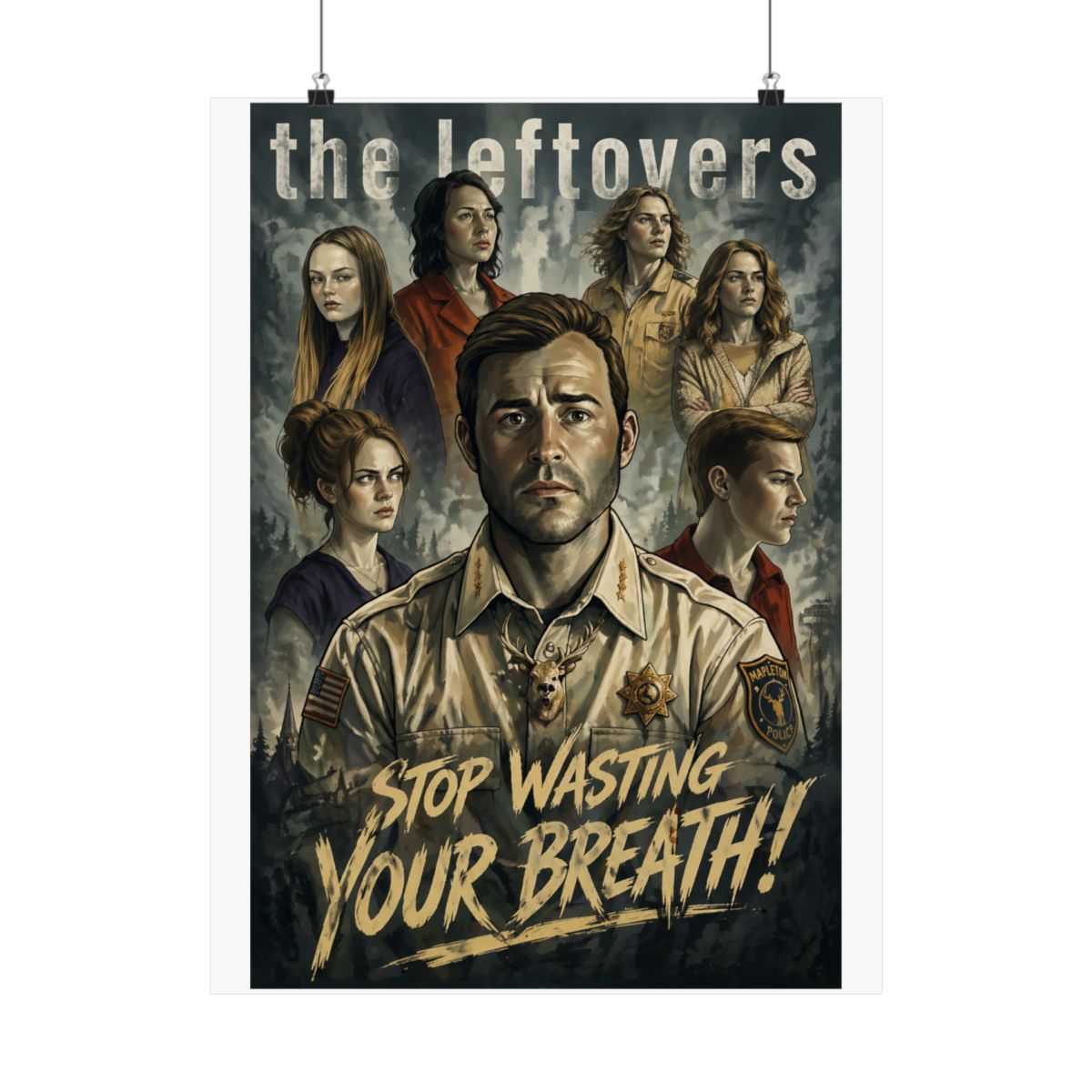 A poster for the HBO television series "The Leftovers" featuring a man in a police uniform with a deer on his chest. The text "STOP WASTING YOUR BREATH!" is at the bottom of the poster - alternate angle 1, merchandise