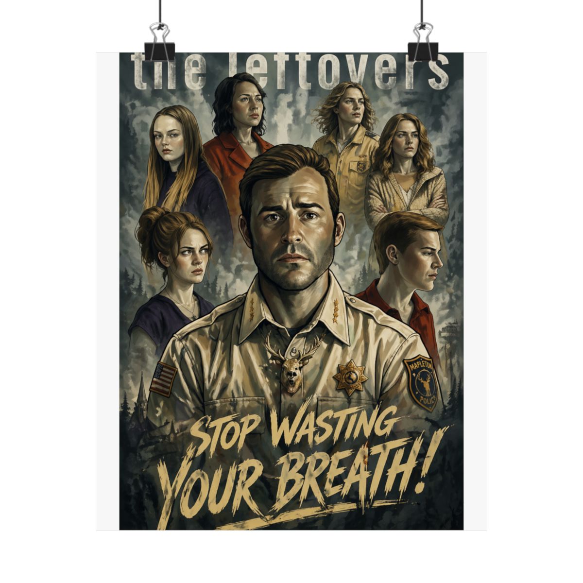 A poster for the HBO television series "The Leftovers" featuring a man in a police uniform with a deer on his chest. The text "STOP WASTING YOUR BREATH!" is at the bottom of the poster - Official Posters & Wall Art merchandise